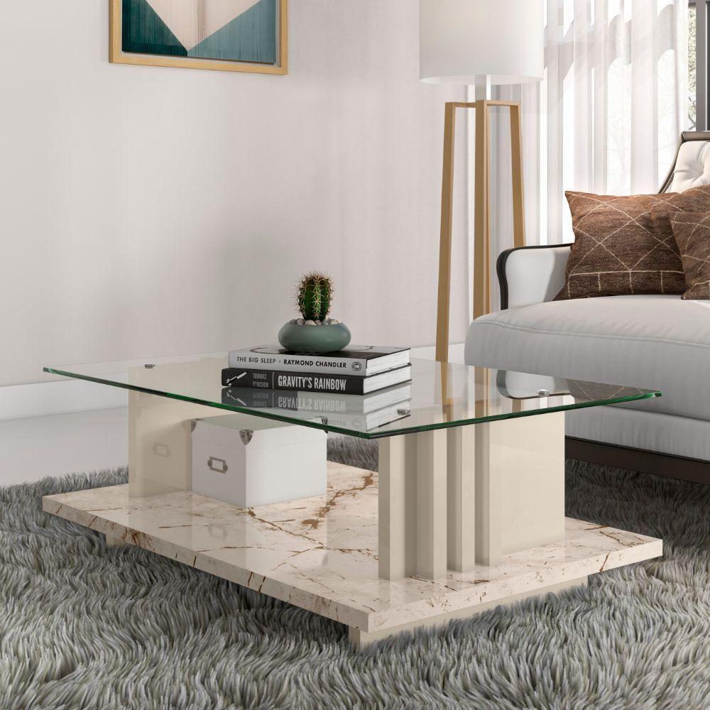 Mesa De Centro Para Sala Frizz Tampo Vidro Calacata Off White Madetec - 5