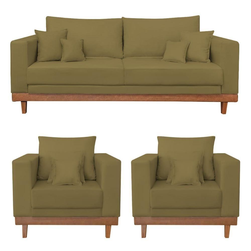 Kit 2 Poltrona + Sofá 3 Lugares Reforçado Base Madeira Suede Capuccino - 1