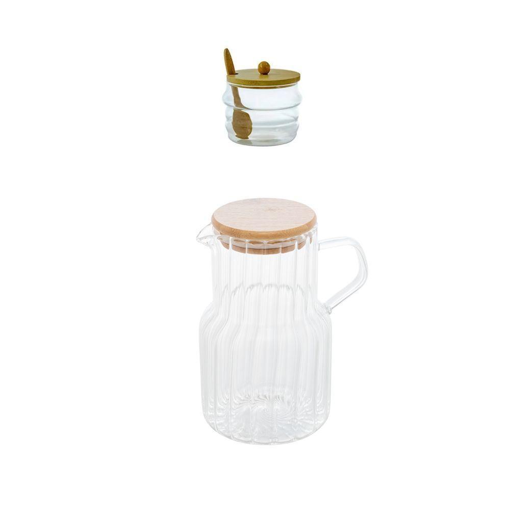 Kit Açucareiro + Jarra 1 Litro Vidro E Bambu - 1