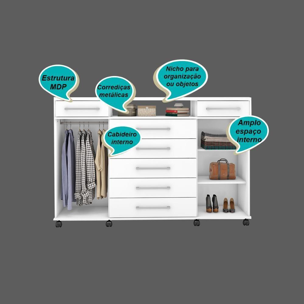 Cômoda 7 Gavetas 2 Portas 1 Cabideiro 1 Nicho Com Rodizios Mônaco - Branco - 2