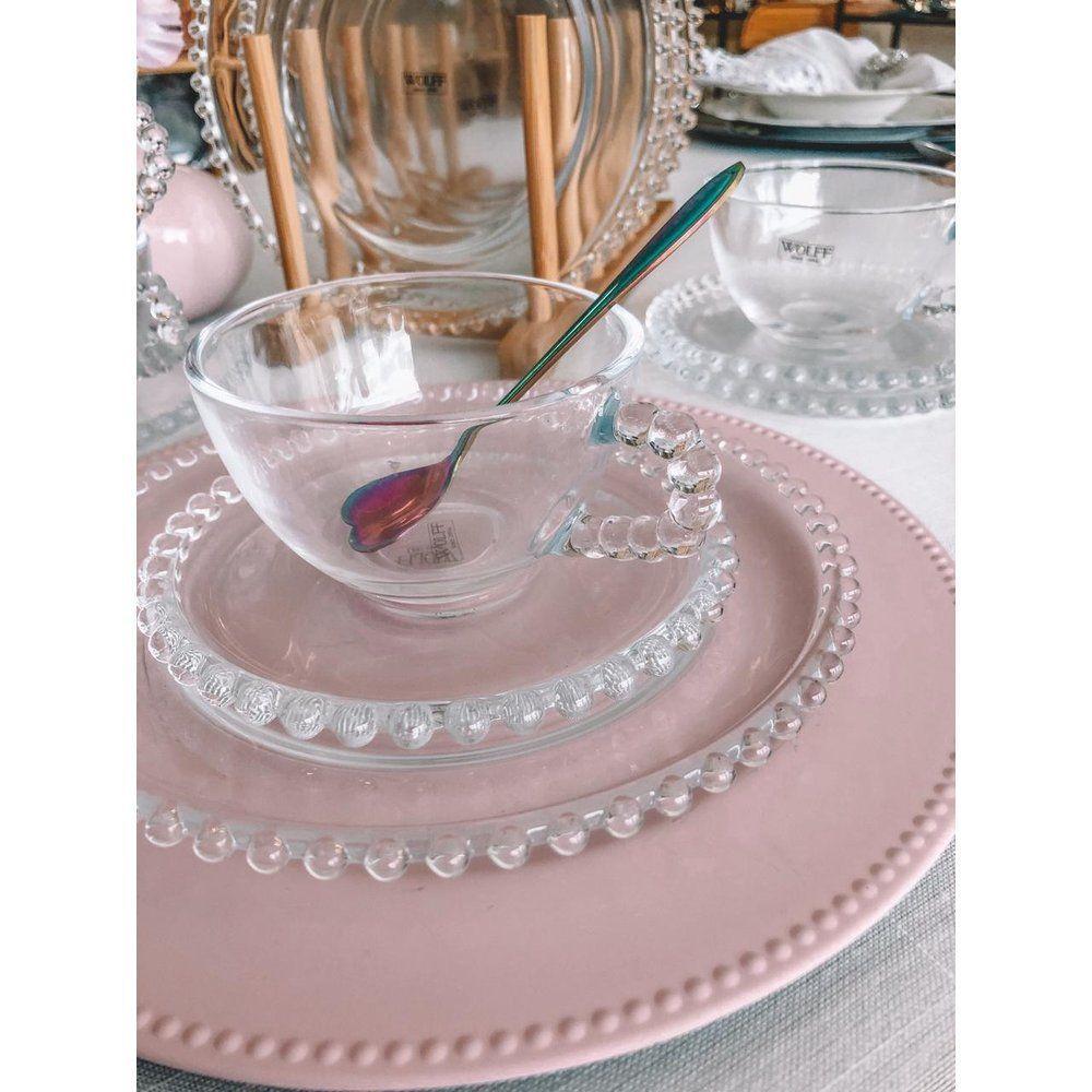 Combo Kit Para Chá 4 Xícaras 180 Ml Com Pires + 4 Pratos Sobremesa Pearl Bolinha Wolff Transparente - 4