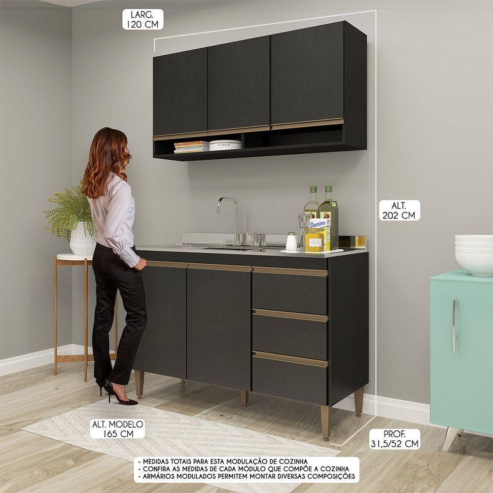 Balcão Para Pia Com Armário Aéreo Sabrina 2pçs Menu Móveis Preto - 3