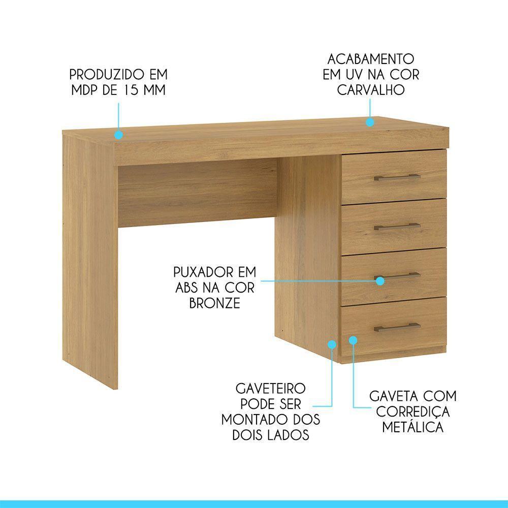 Escrivaninha Com 4 Gavetas 120x75cm Mdp Carvalho Menu Móveis Carvalho - 3