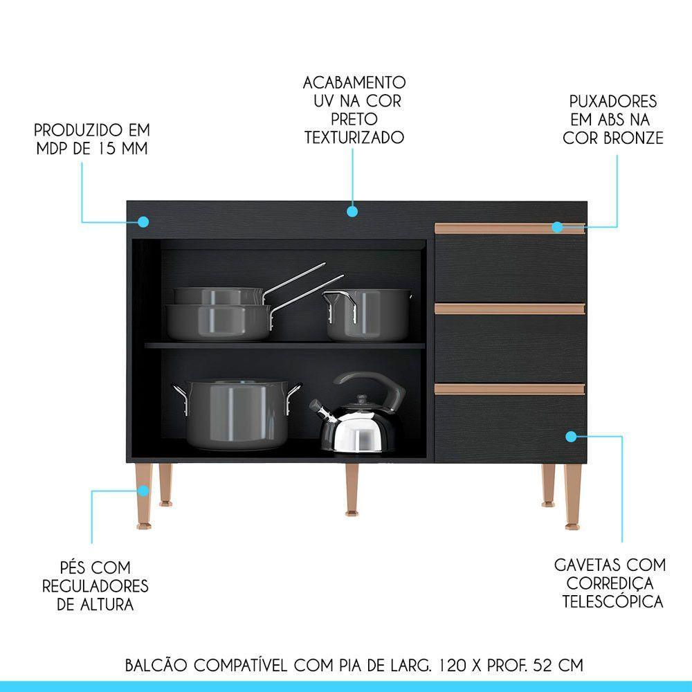 Balcão Pia Cozinha Modulada Sabrina 120x52cm Mdp Menu Móveis Preto - 2
