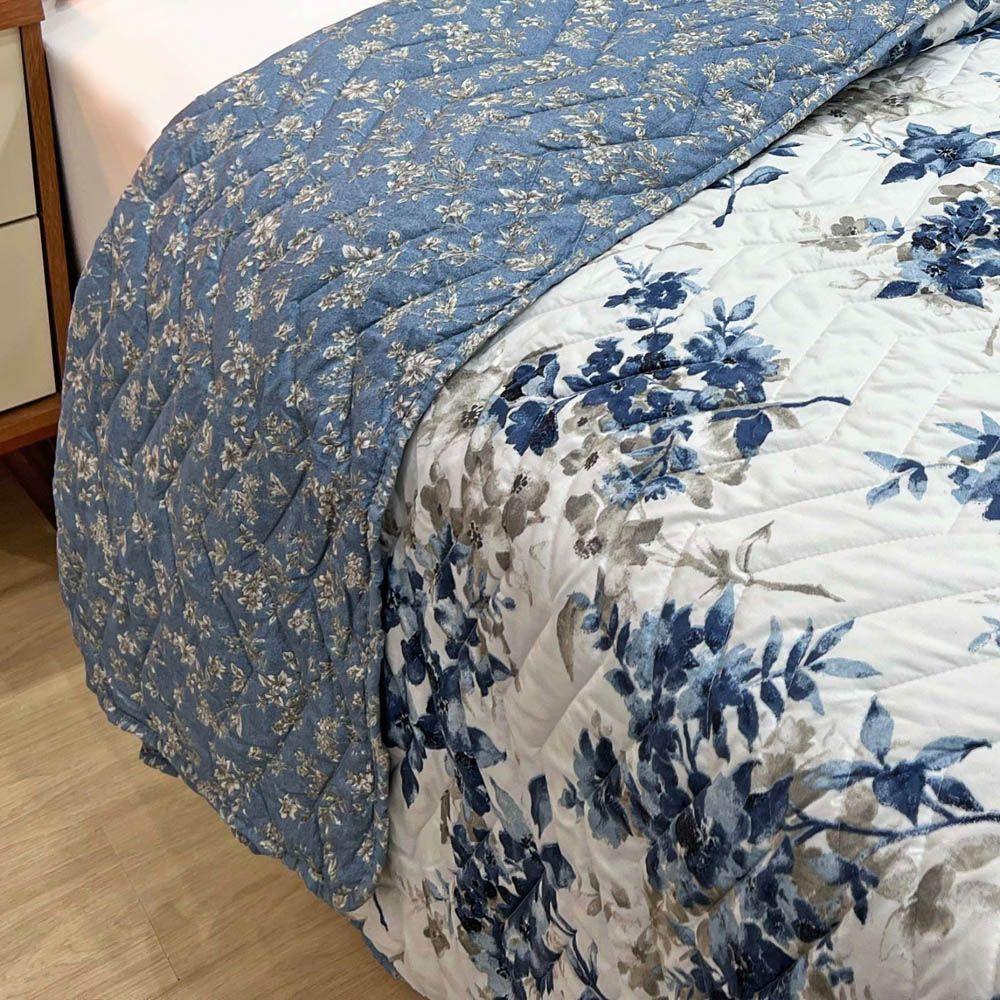 Kit Cobre Leito Colcha Casa Scarpa Classics Queen Dupla Face Percal 300 Fios Estampado 3 Peças - Flores Azuis - 4