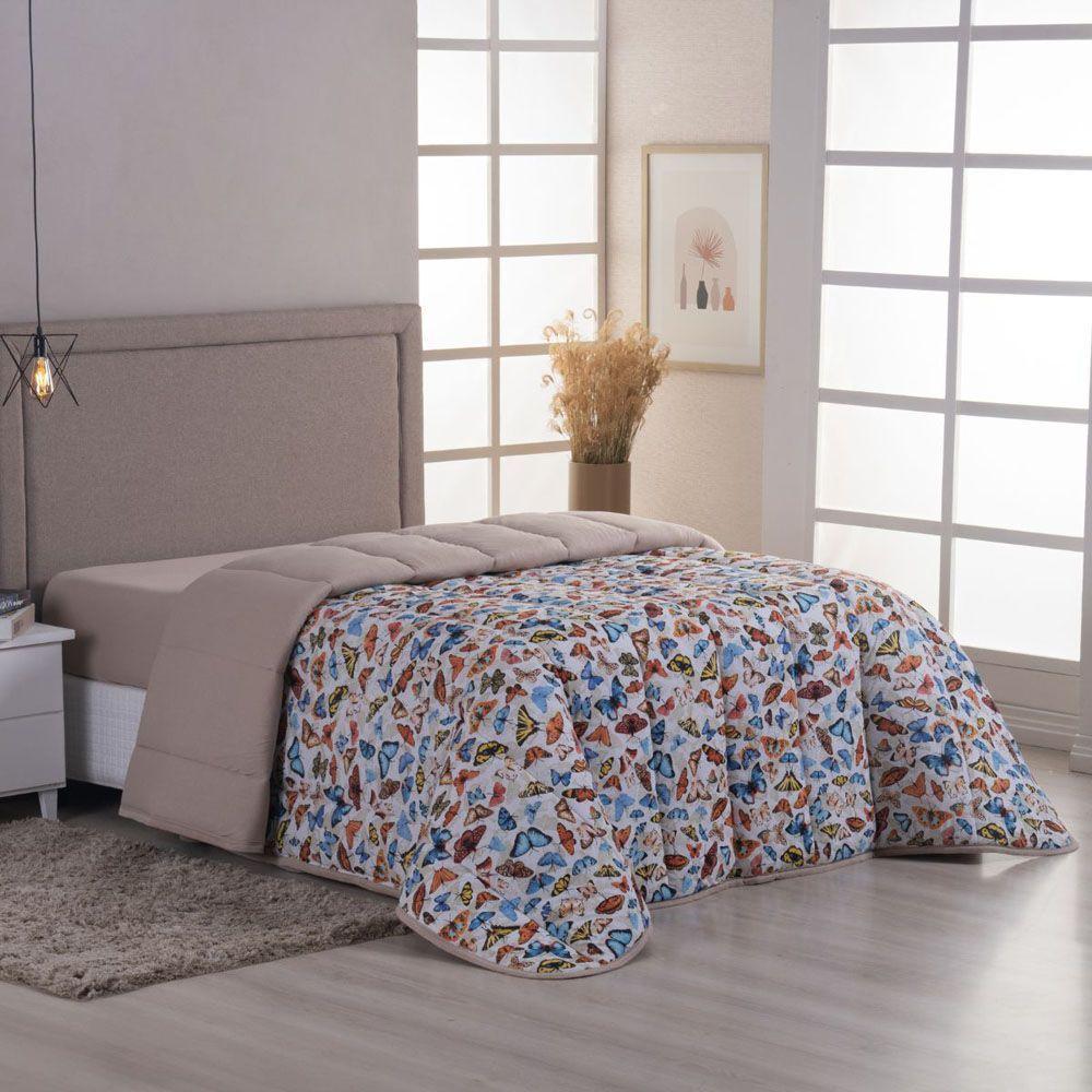 Edredom Cobertor Sonnet Queen Malha Estampada Dupla Face 100% Algodão - Bege - Borboletas - 2