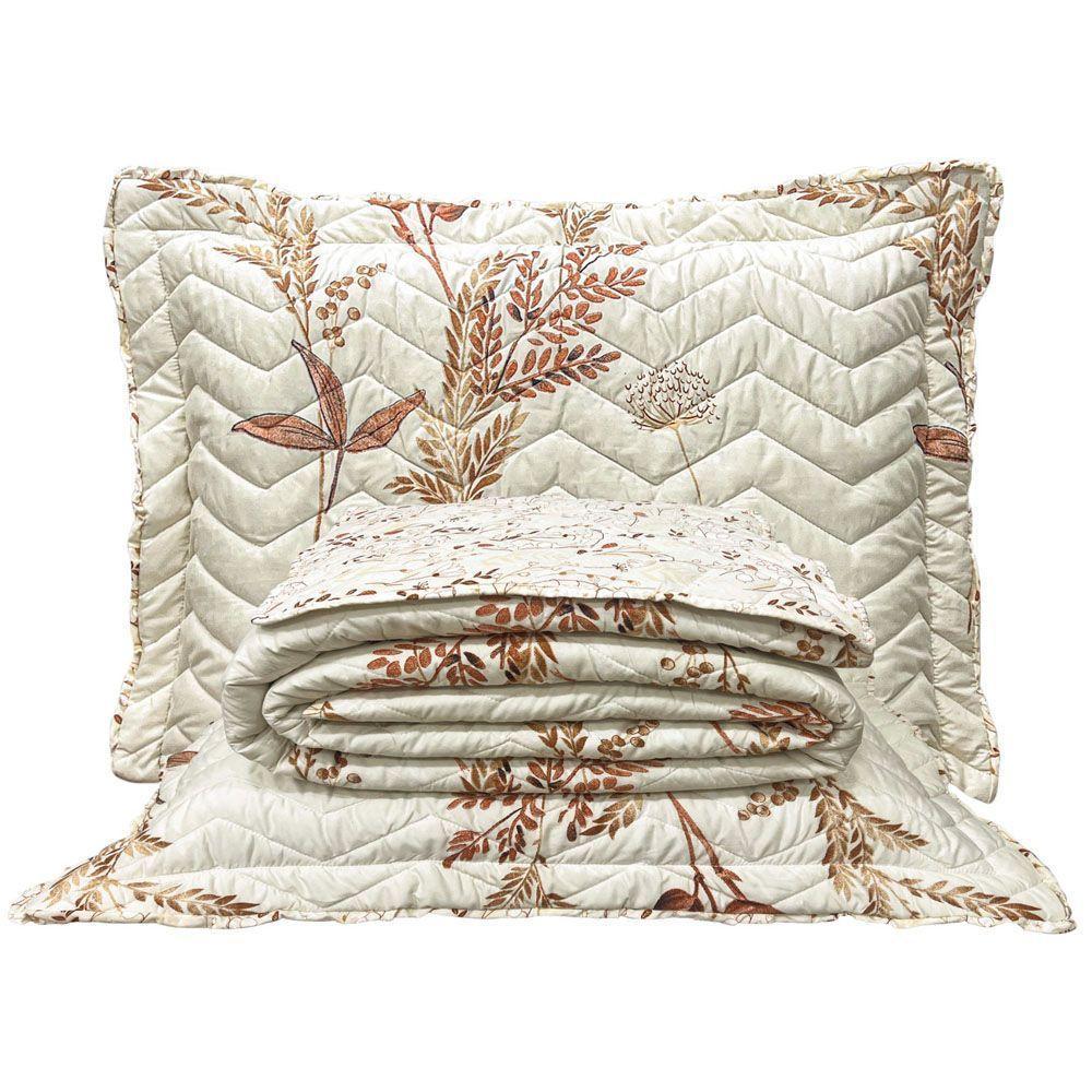 Kit Cobre Leito Colcha Casa Scarpa Classics Queen Dupla Face Percal 300 Fios Estampado 3 Peças - Flores Damasco - Palha - 1