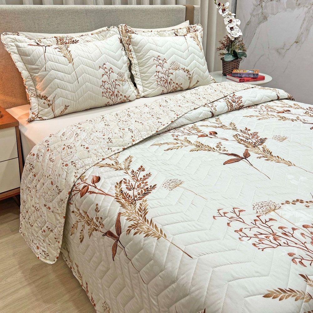 Kit Cobre Leito Colcha Casa Scarpa Classics Queen Dupla Face Percal 300 Fios Estampado 3 Peças - Flores Damasco - Palha - 2