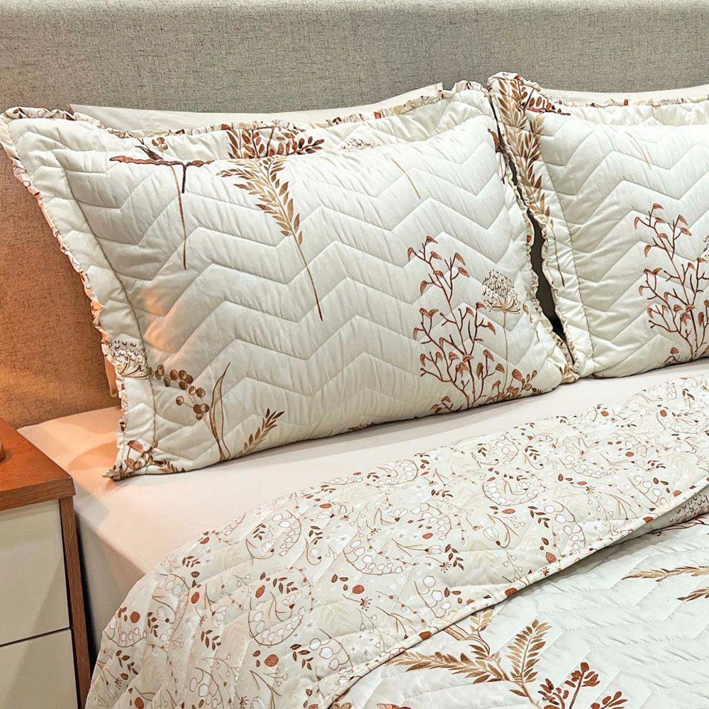Kit Cobre Leito Colcha Casa Scarpa Classics Queen Dupla Face Percal 300 Fios Estampado 3 Peças - Flores Damasco - Palha - 3