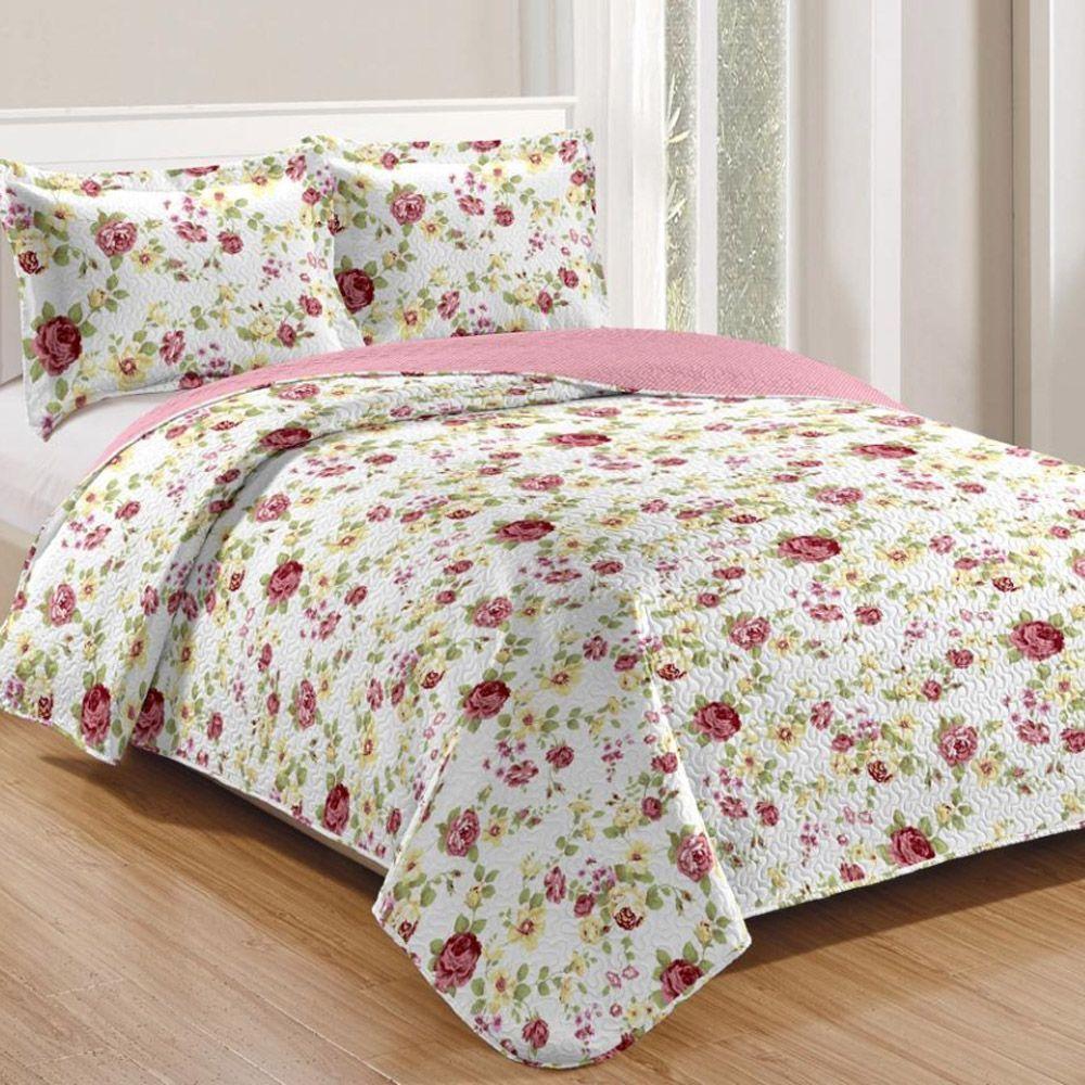 Kit Cobre Leito Colcha Mix Queen Estampado Dupla Face Floral 3 Peças - Laís - 100% Poliéster - 1