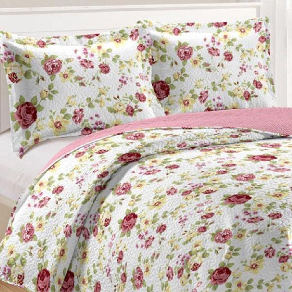 Kit Cobre Leito Colcha Mix Queen Estampado Dupla Face Floral 3 Peças - Laís - 100% Poliéster - 2