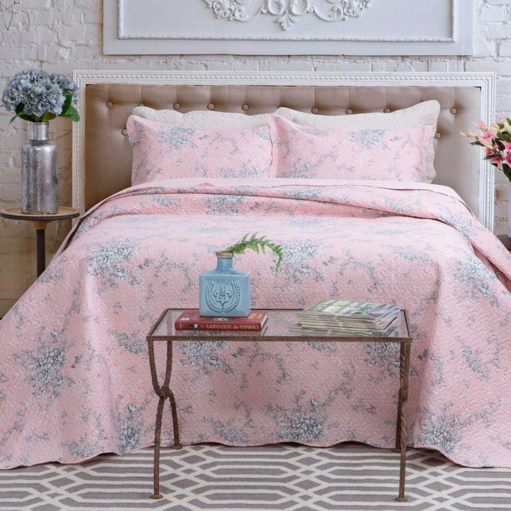 Kit Cobre Leito Colcha Mix Queen Estampado Dupla Face Floral 3 Peças - Grace - 100% Poliéster - 1