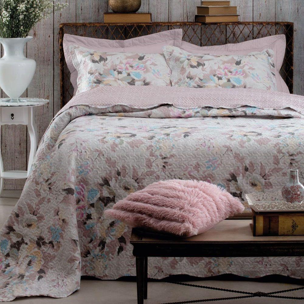 Kit Cobre Leito Colcha Mix Queen Estampado Dupla Face Floral 3 Peças - Andréia - 1