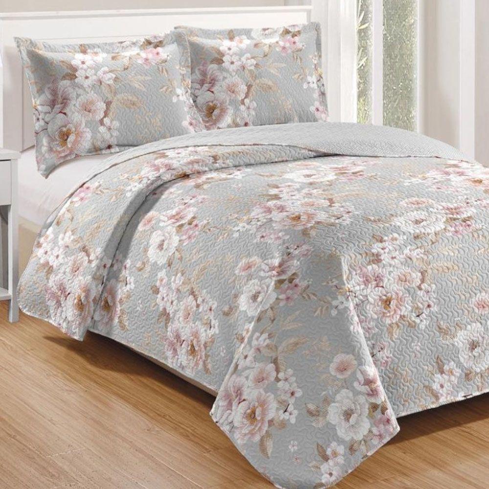 Kit Cobre Leito Colcha Mix Queen Estampado Dupla Face Floral 3 Peças - Marcela - 100% Poliéster - 1