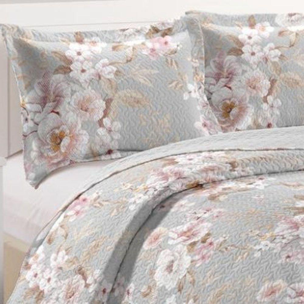 Kit Cobre Leito Colcha Mix Queen Estampado Dupla Face Floral 3 Peças - Marcela - 100% Poliéster - 2