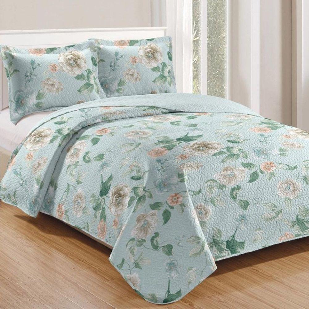 Kit Cobre Leito Colcha Mix Queen Estampado Dupla Face Floral 3 Peças - Marli - 1