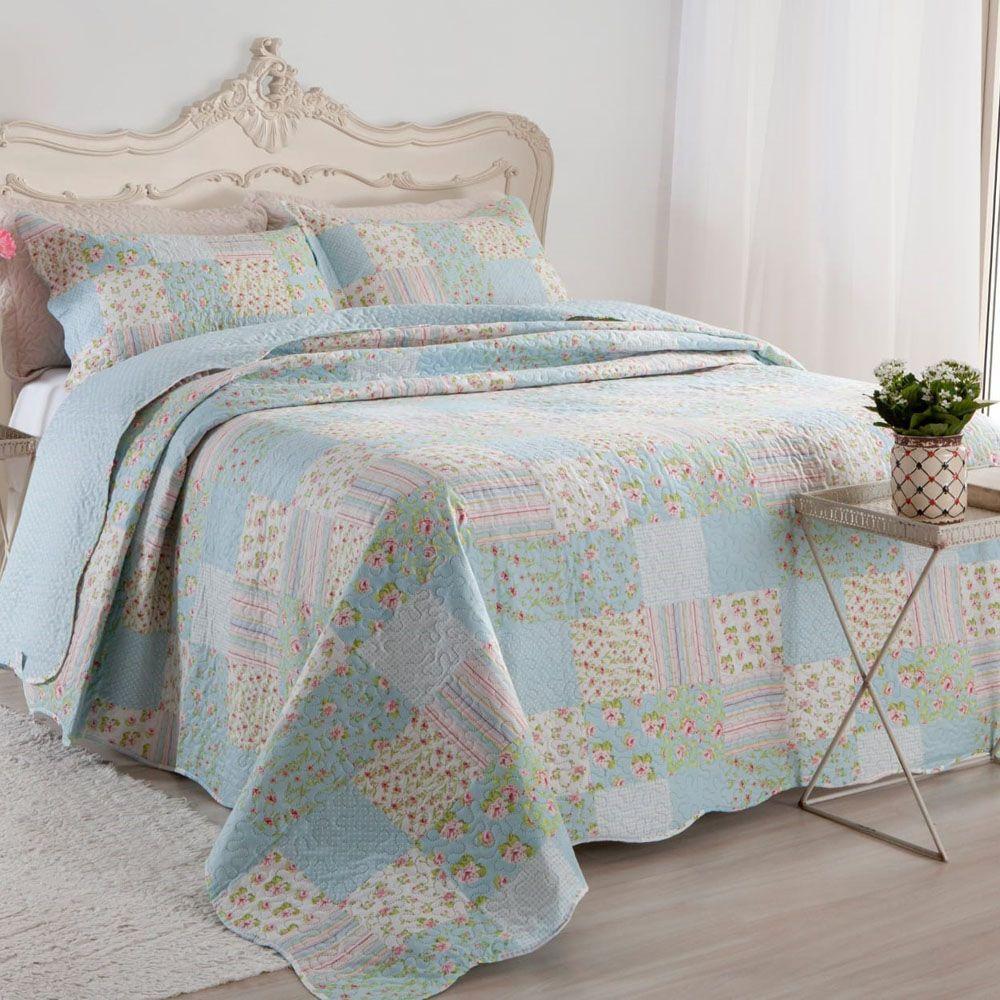 Kit Cobre Leito Colcha Mix Queen Estampado Dupla Face Floral 3 Peças - Karina - 1