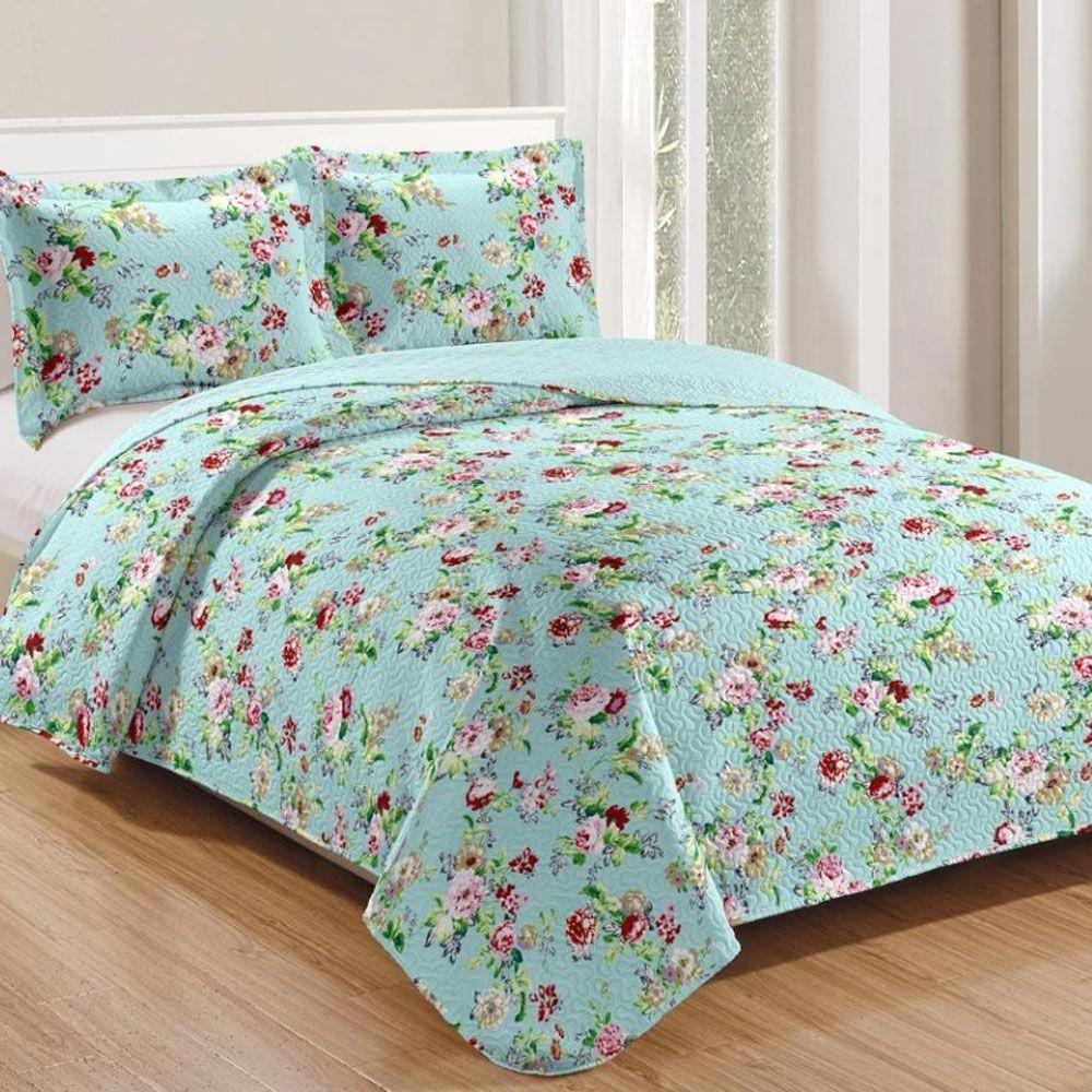 Kit Cobre Leito Colcha Mix Queen Estampado Dupla Face Floral 3 Peças - Luiza - 1