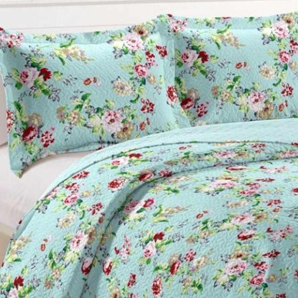 Kit Cobre Leito Colcha Mix Queen Estampado Dupla Face Floral 3 Peças - Luiza - 2