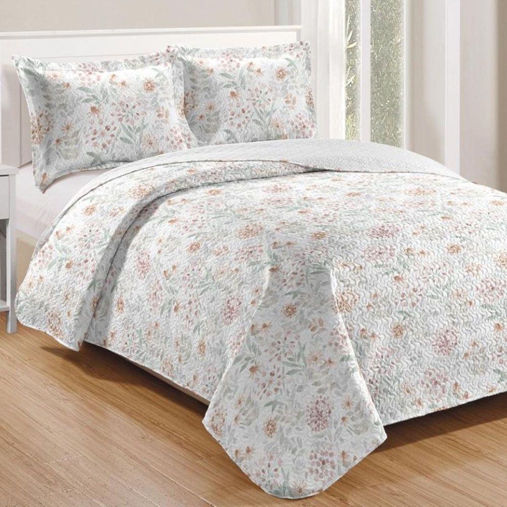 Kit Cobre Leito Colcha Mix Queen Estampado Dupla Face Floral 3 Peças - Joice - 1