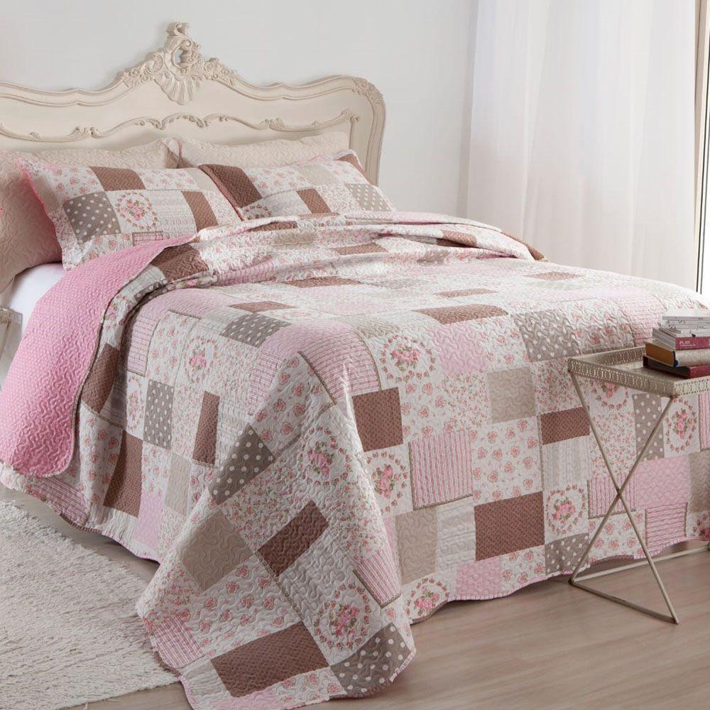 Kit Cobre Leito Colcha Mix Queen Estampado Dupla Face Floral 3 Peças - Mara - 1