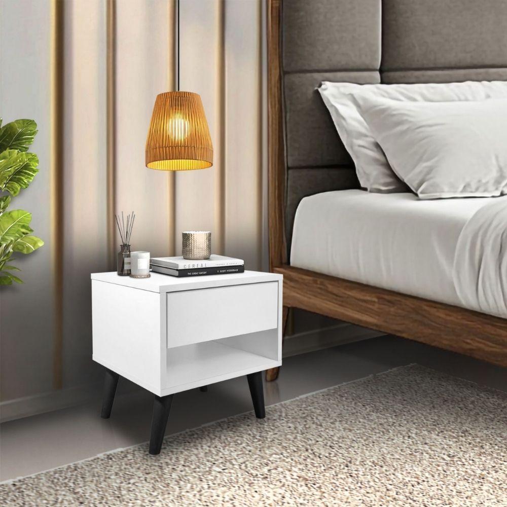 Mesa De Cabeceira 1 Gaveta 38 Cm Mdf Branco Pés Palito Mp - 5