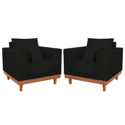 Kit 02 Poltrona Living Suede Base Madeira Sala Recepção Preto