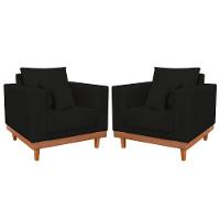Kit 02 Poltrona Living Suede Base Madeira Sala Recepção Preto - 1