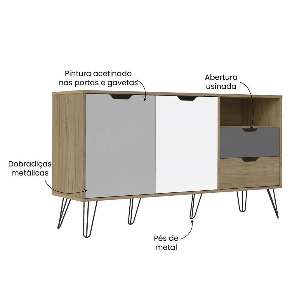 Buffet Aparador 2p 2g 140 Cm Carvalho Branco Grafite Prata Arly - 5