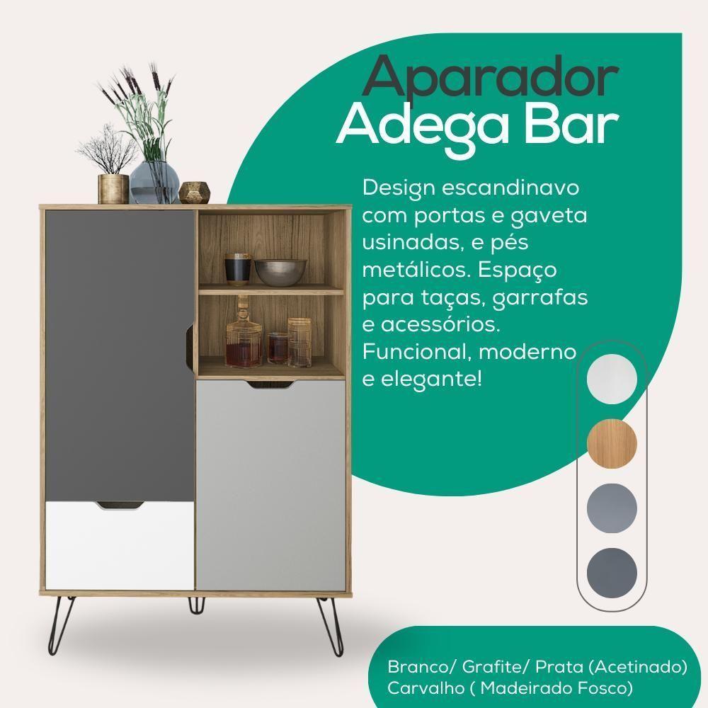 Aparador Adega Bar 132x91 Cm Carvalho Branco Grafite Prata Arly - 5