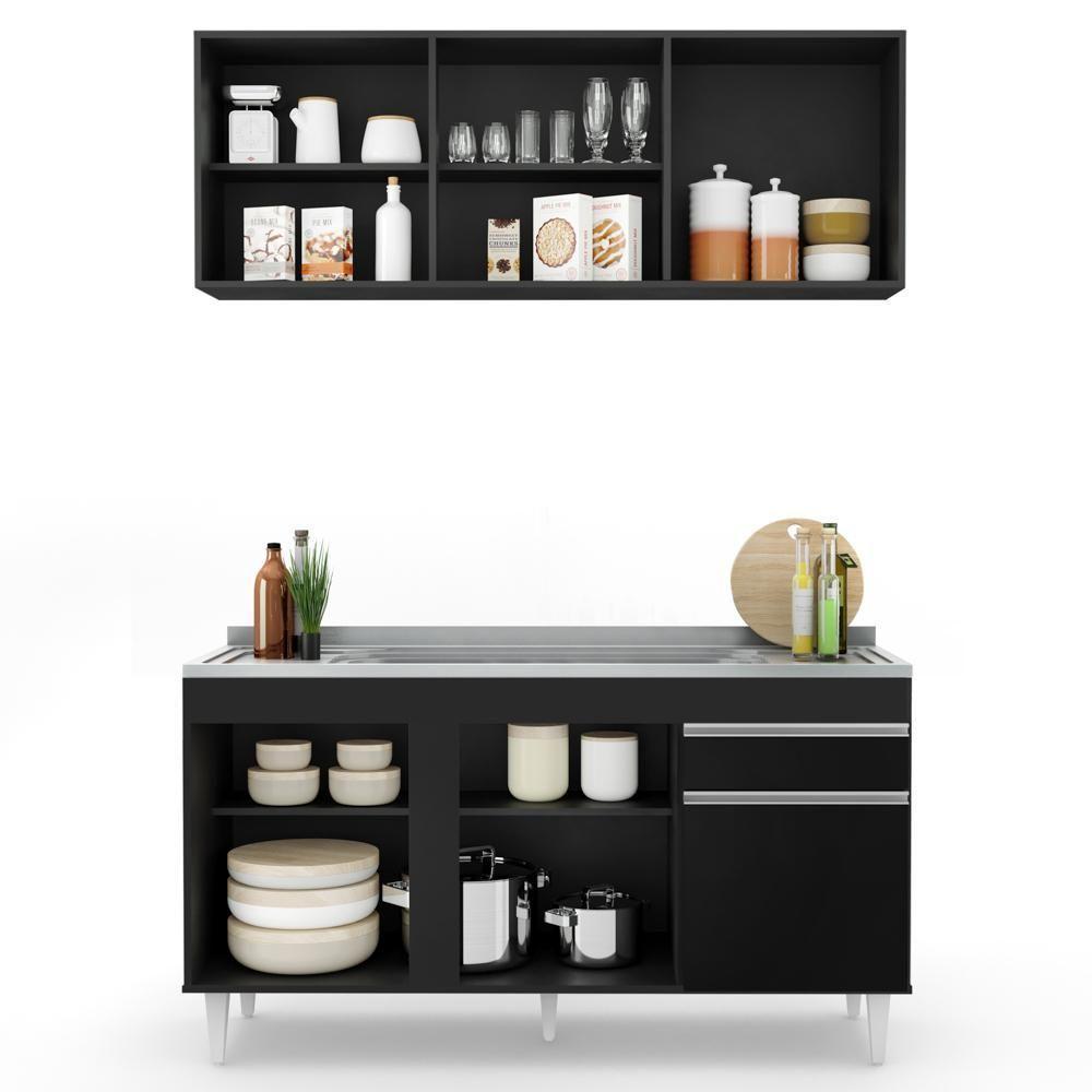 Armário Aéreo Argélia E Balcão Gabinete Com Pia Inox 150cm Dakota Preto - Lumil - 3