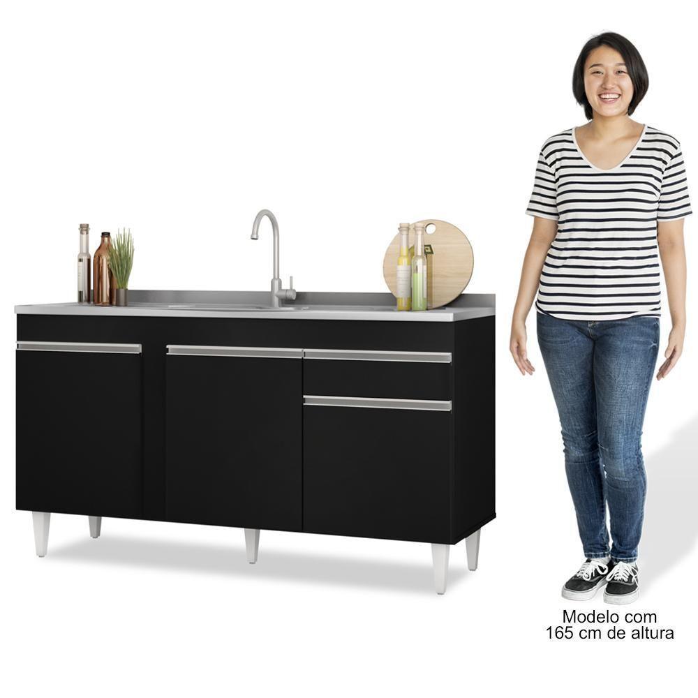 Armário Aéreo Argélia E Balcão Gabinete Com Pia Inox 150cm Dakota Preto - Lumil - 5