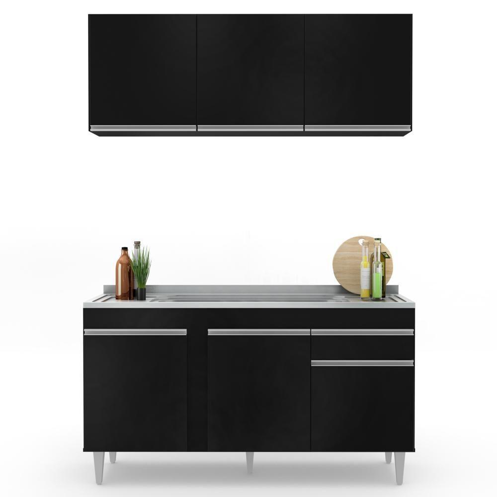 Armário Aéreo Argélia E Balcão Gabinete Com Pia Inox 150cm Dakota Preto - Lumil - 7