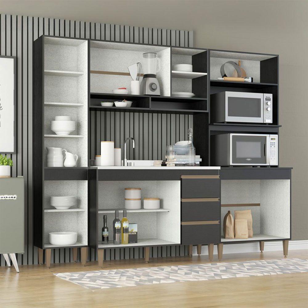 Cozinha Modulada Com Bancada E Torre Quente 5pçs Menu Móveis Preto - 2