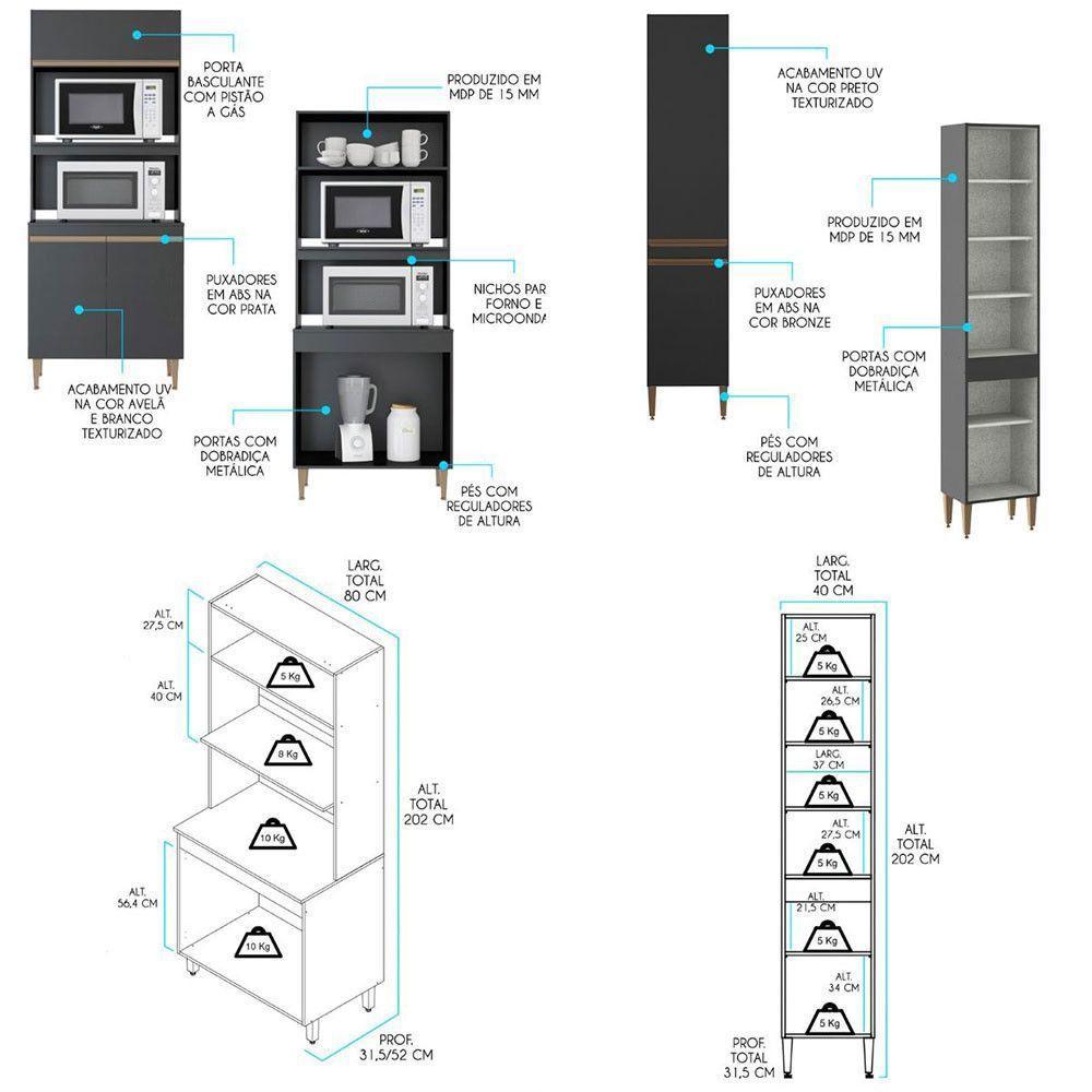 Cozinha Modulada Com Bancada E Torre Quente 5pçs Menu Móveis Preto - 6