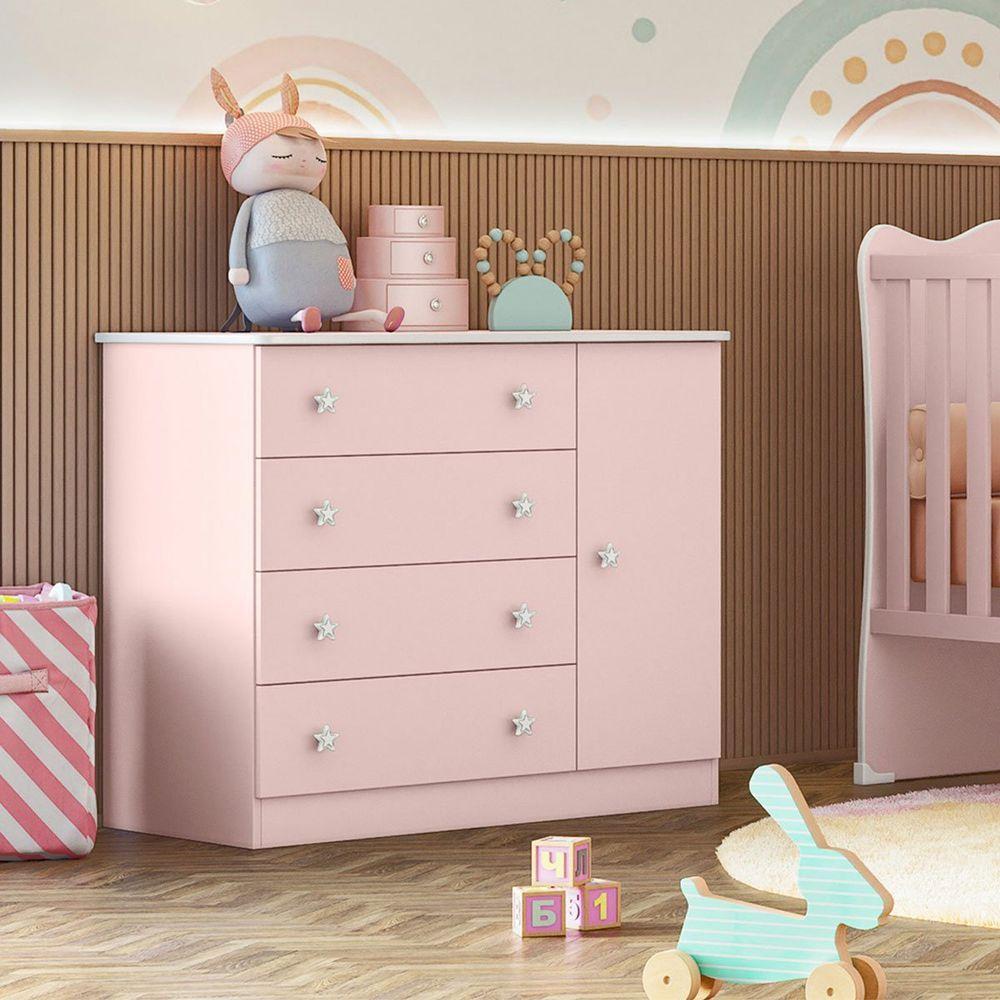 Cômoda Sapateira Infantil 1 Porta 4 Gavetas Doce Mel Rosa - 8