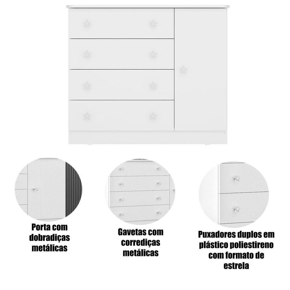 Cômoda Sapateira Infantil 1 Porta 4 Gavetas Doce Mel Branco - 3