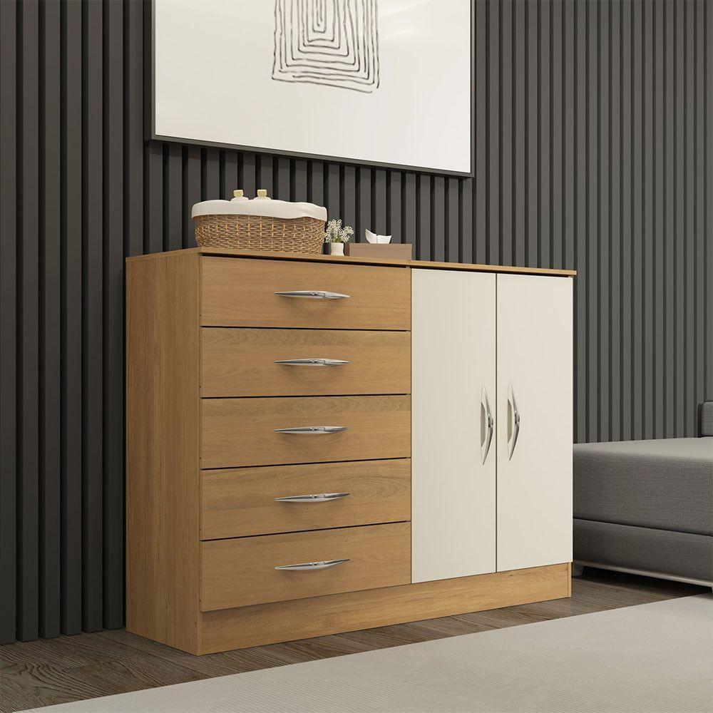 Cômoda Para Quarto Casal 5 Gavetas 2 Portas Mdp Menu Móveis Marrom - 1