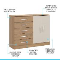 Cômoda Para Quarto Casal 5 Gavetas 2 Portas Mdp Menu Móveis Marrom - 2