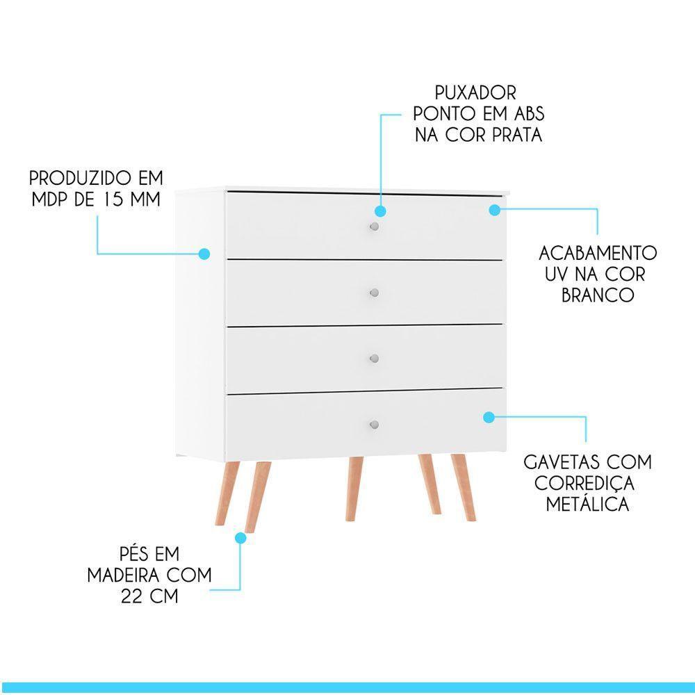Cômoda Retrô Para Quarto 90cm 4 Gvts Mdp Branco Menu Móveis Branco - 4