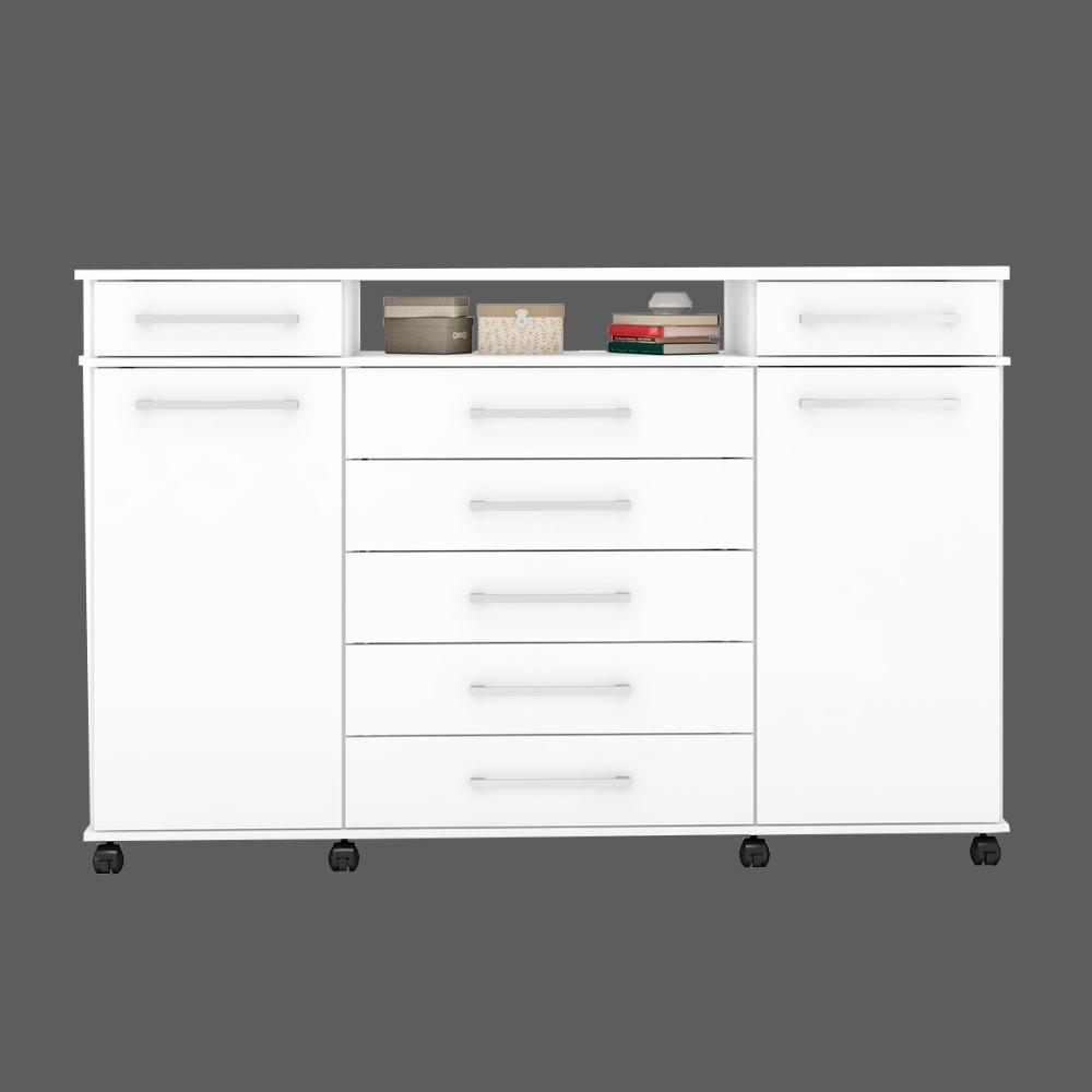 Cômoda 7 Gavetas 2 Portas 1 Cabideiro 1 Nicho Com Rodizios Mônaco Branco - 2