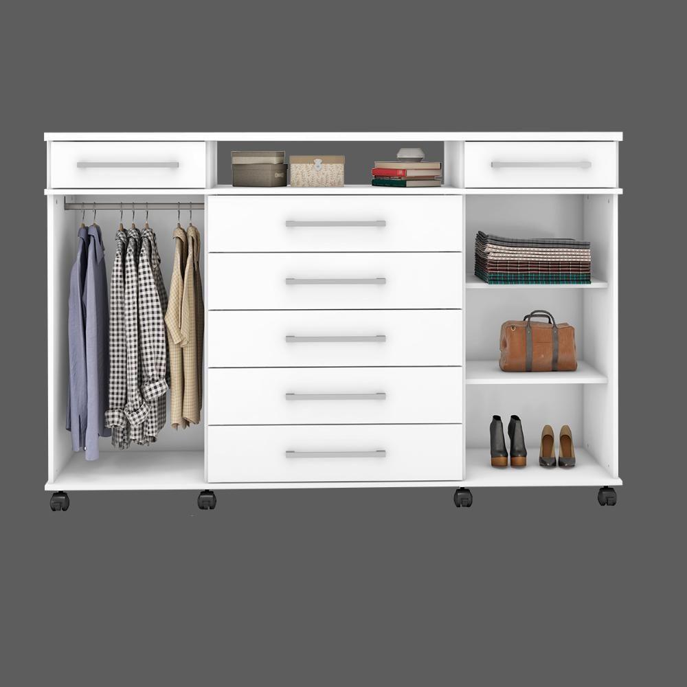 Cômoda 7 Gavetas 2 Portas 1 Cabideiro 1 Nicho Com Rodizios Mônaco Branco - 3