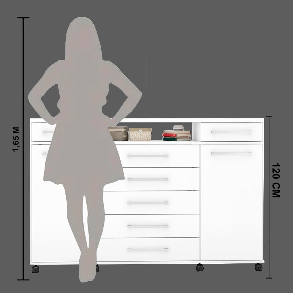 Cômoda 7 Gavetas 2 Portas 1 Cabideiro 1 Nicho Com Rodizios Mônaco Branco - 6