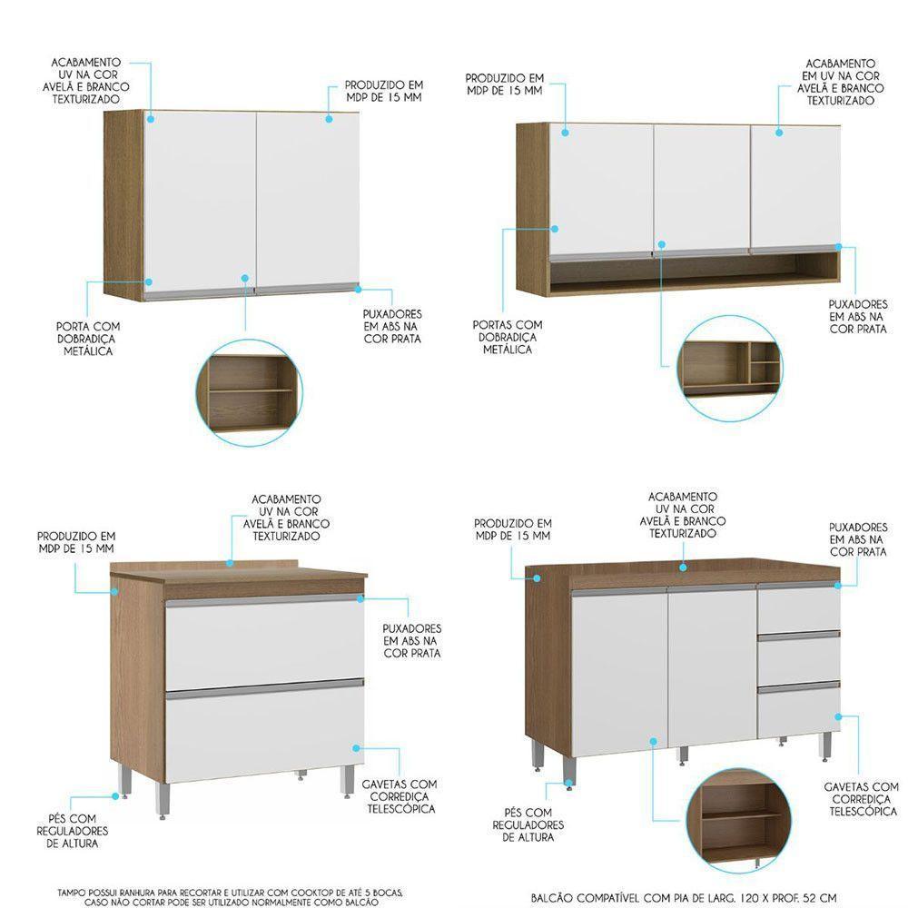 Cozinha Compacta Balcão Pia Cooktop Sabrina 4pçs Menu Móveis Branco Avelã - 3