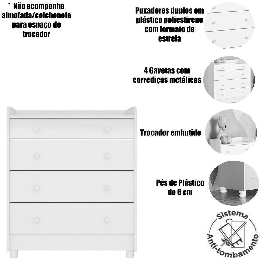 Cômoda Com Trocador Infantil 4 Gavetas E Pés Doce Mel Branco - 4