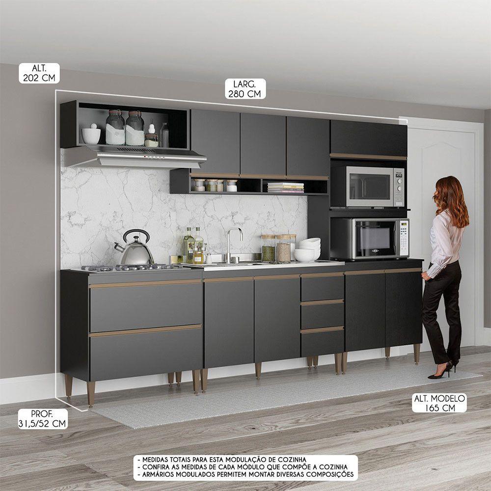Cozinha Modulada Completa 280cm Sabrina 5 Peças Menu Móveis Preto - 3