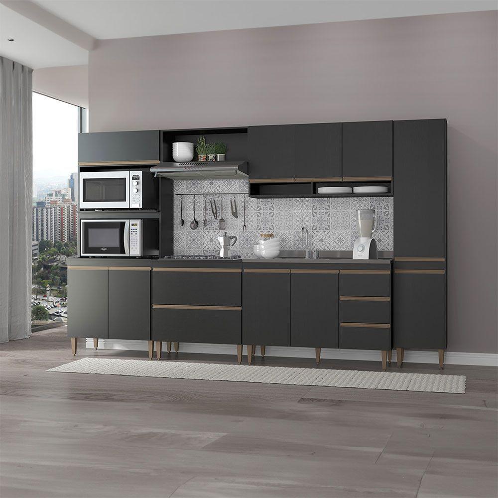 Cozinha Modulada Completa Sabrina 320x202cm Menu Móveis Preto - 1