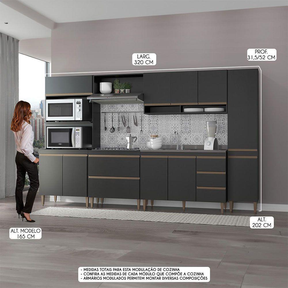 Cozinha Modulada Completa Sabrina 320x202cm Menu Móveis Preto - 2