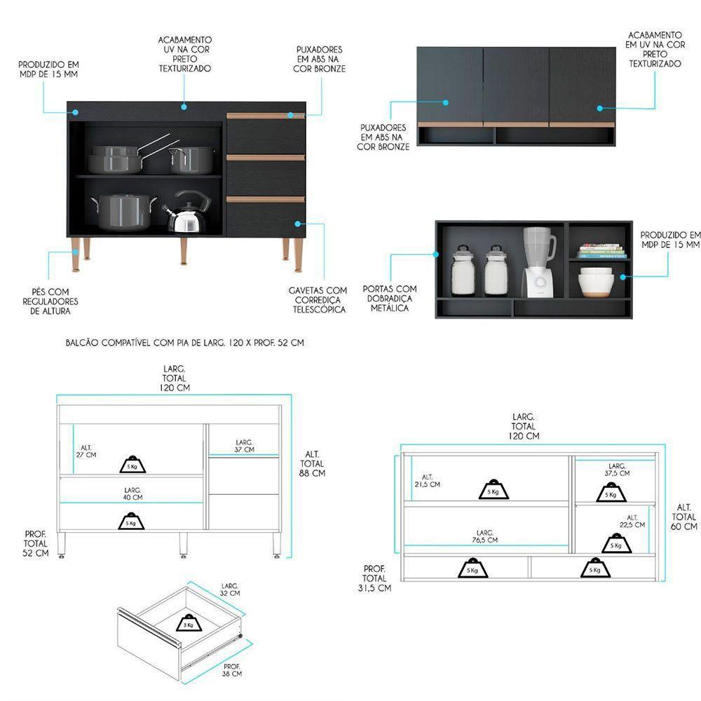 Cozinha Modulada Com Torre Quente Sabrina 5pçs Menu Móveis Preto - 6