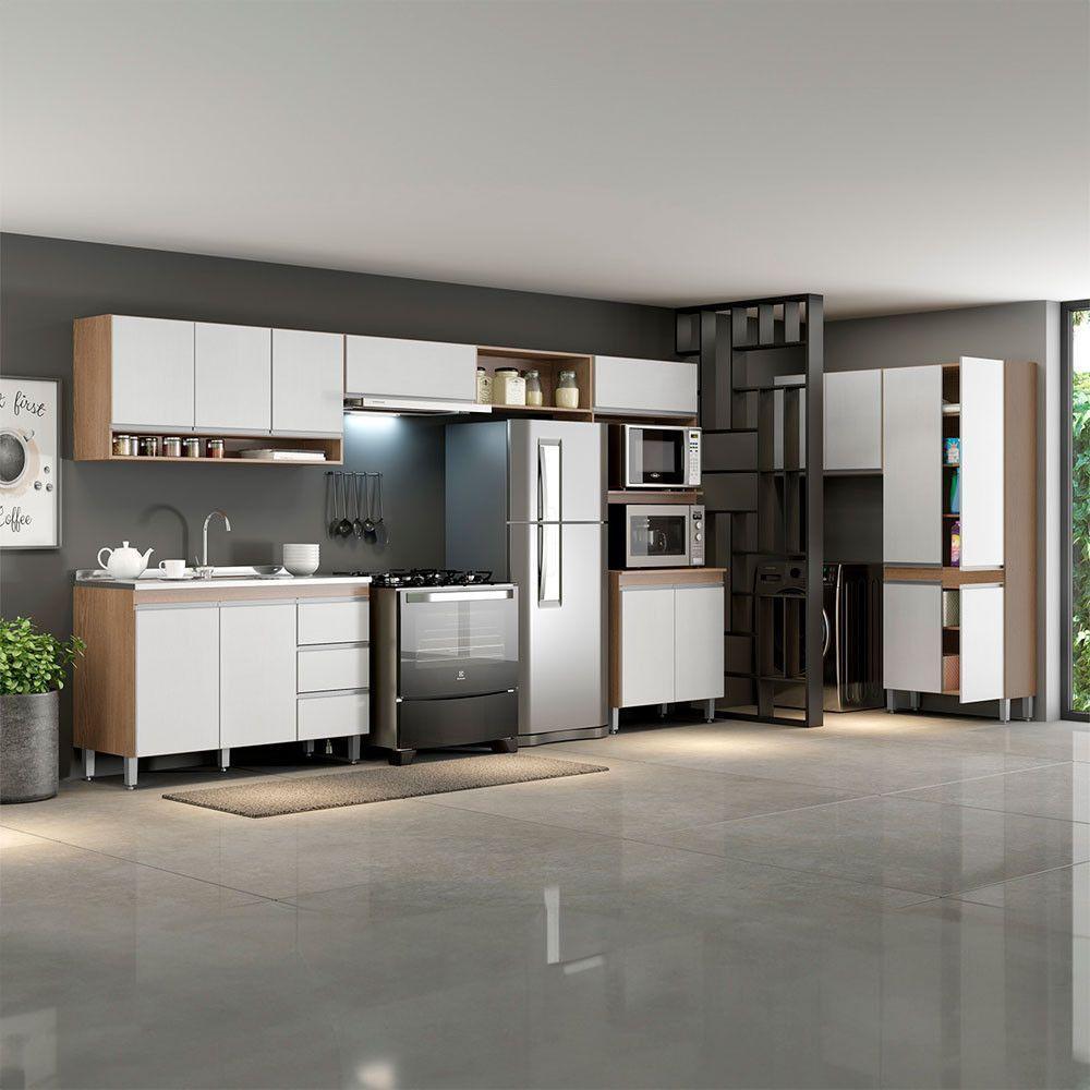 Cozinha Completa Modulada Sabrina 360x202cm 7pçs Menu Móveis Branco Avelã - 1